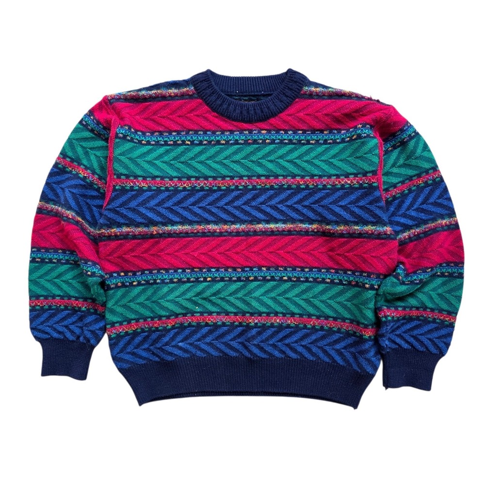 Norm Thompson Sweater Size M Colorful Red Green Striped 90s Wool Retro Grandpa